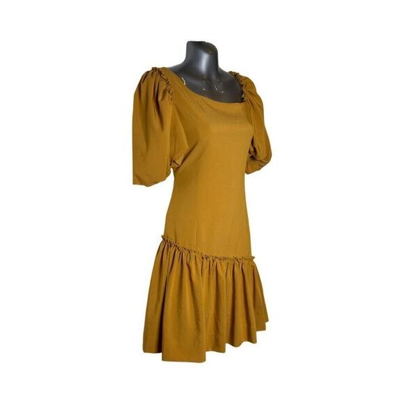 Marigold Line & Dot Ruffle Asymmetrical Puff Sleeve Yoko Mini Dress Size Small - Picture 2 of 11